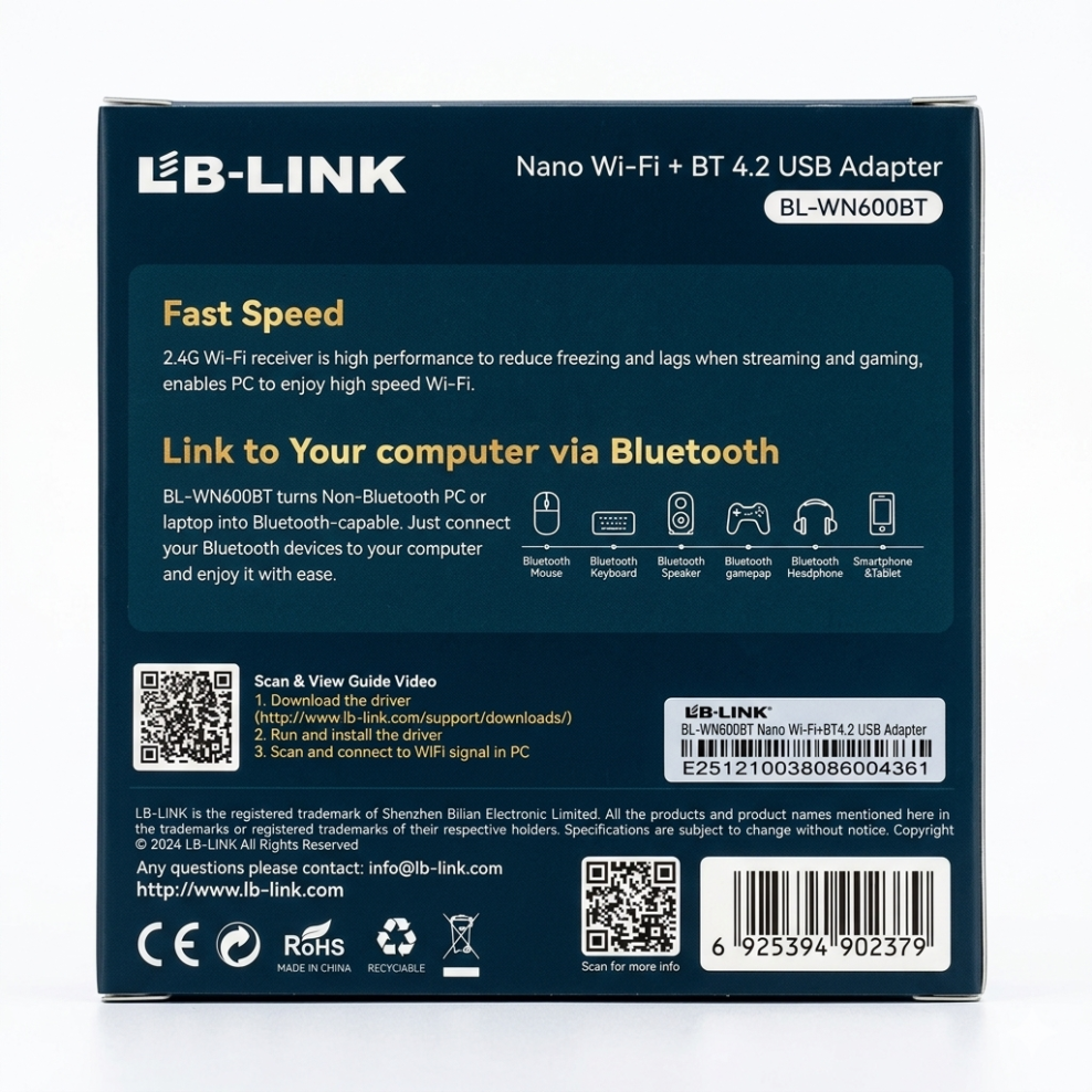 Alternative view of LB-LINK Nano Wi-Fi + BT4.2 USB Adapter  BL-WN600BT