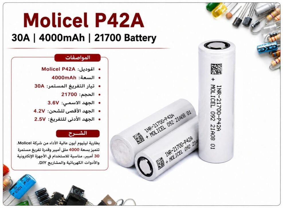 Alternative view of Molicel P42A 30A 4000mAh 21700 Battery